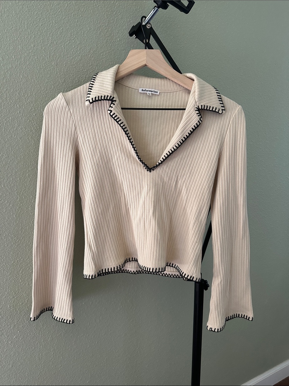 Reformation Cream Ribbed V-Neck collared sweater